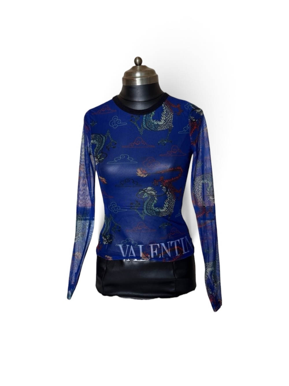 Source Unknown Blue Dragon-Print Long Sleeve Mesh Top